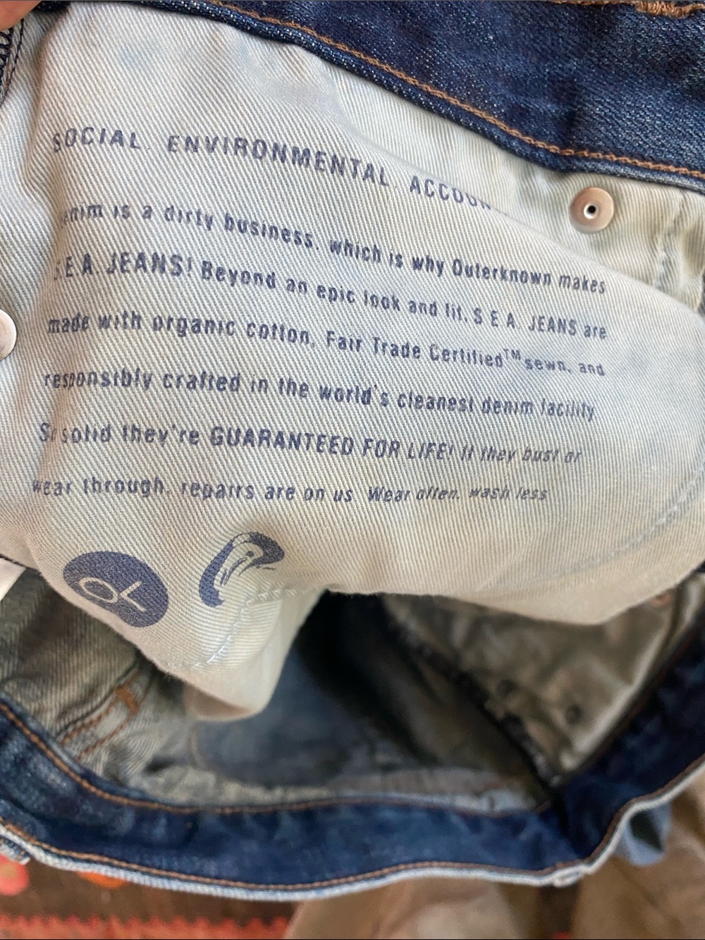 Outerknown mens SEA Jeans straight denim 34 x 32 blue button fly organic cotton - Picture 7 of 7